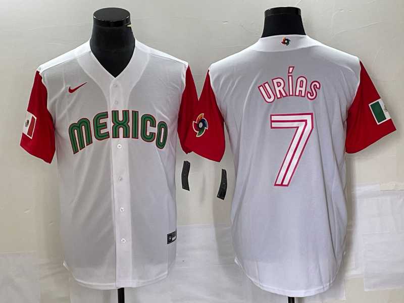 Mens Mexico Baseball #7 Julio Urias Number 2023 White Red World Classic Stitched Jersey46